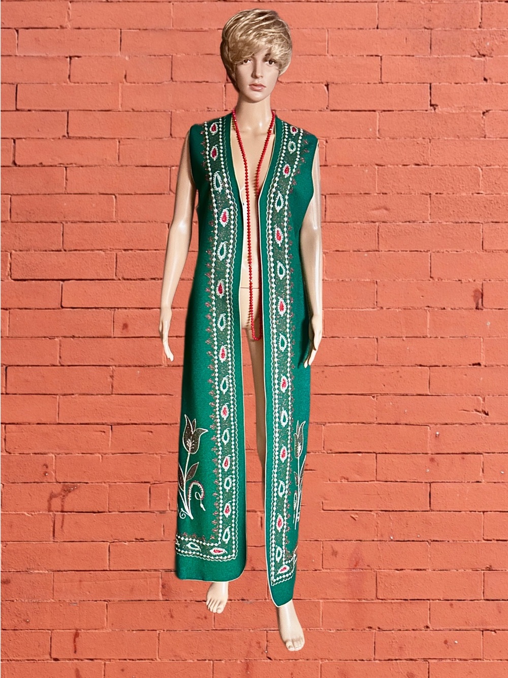 Handmade ~ Green Felt Material W/ Metallic Embroidery Red & Silver Duster Vest